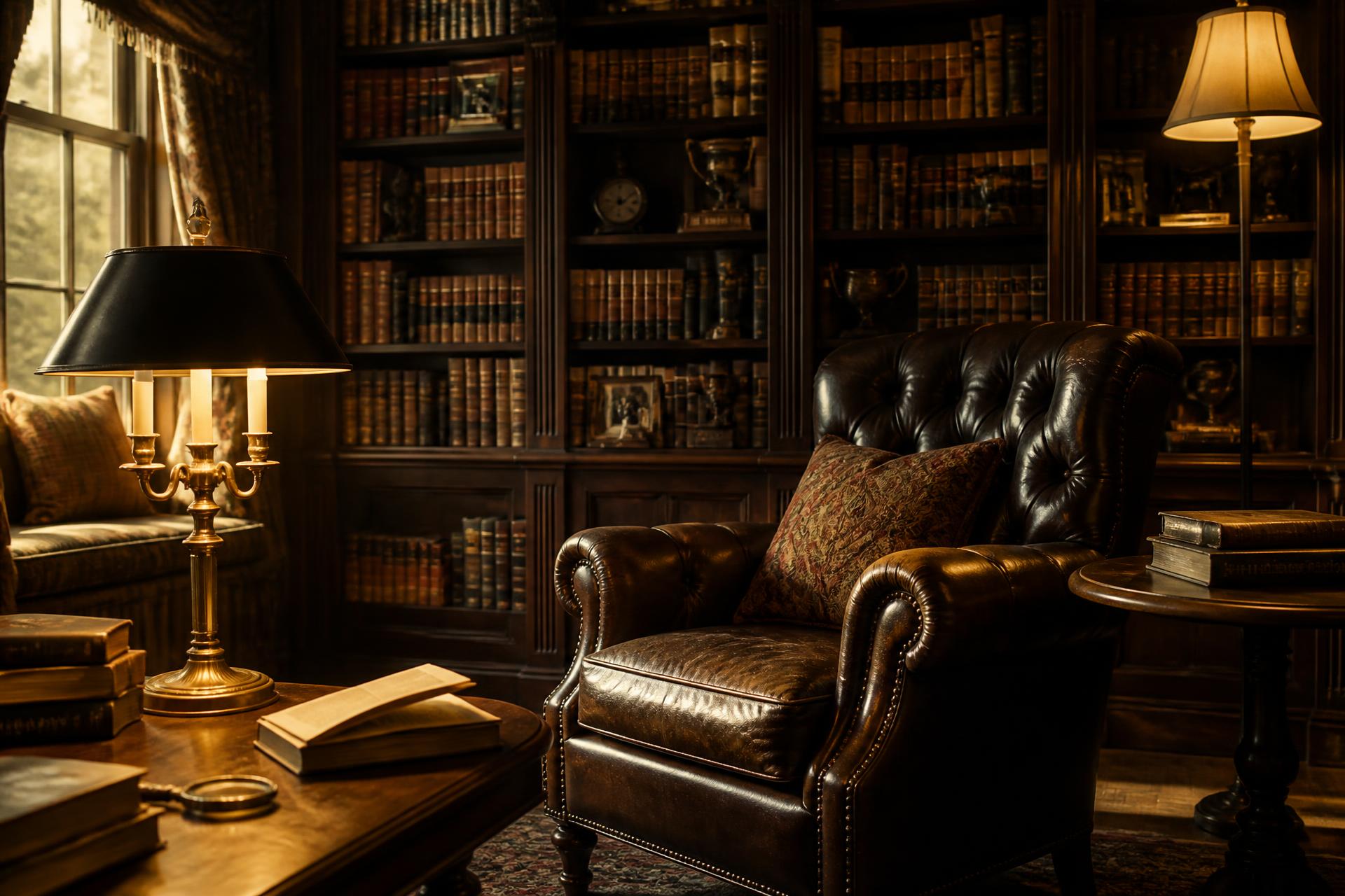 A warmly lit private library with dark wooden bookshelves and a leather armchair